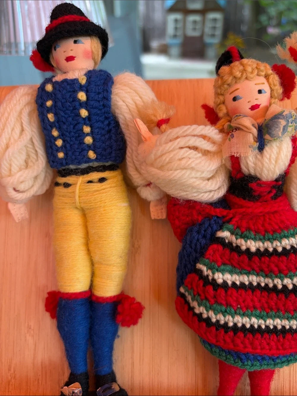 Handmade Blue & Red Yarn Folk Doll Pair with Yellow Accents